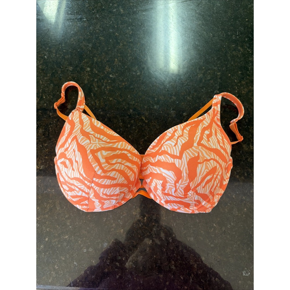 Cacique Boost Plunge Bra 34G Orange Printed Underwire Adjustable Push-up